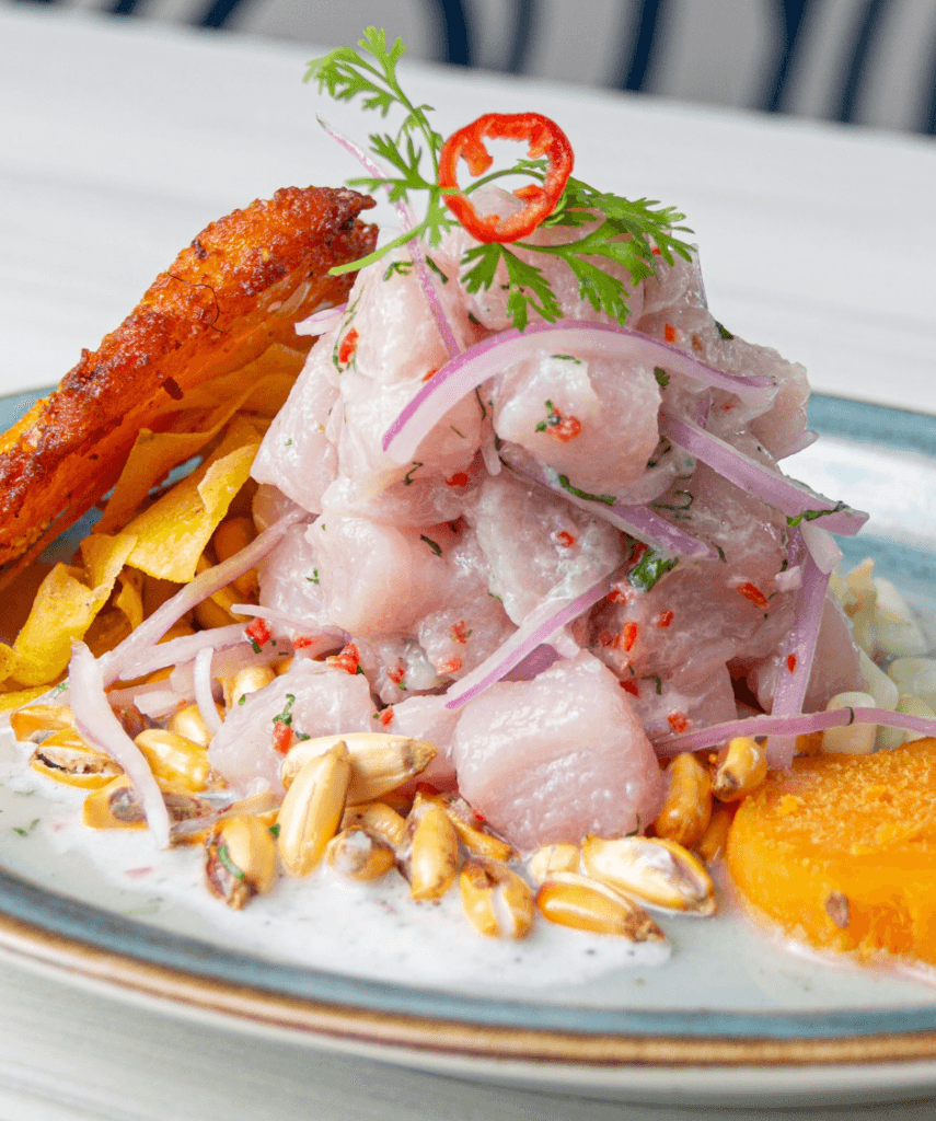 A photo of Ceviche, a typical, fish-based, Peruvian dish.