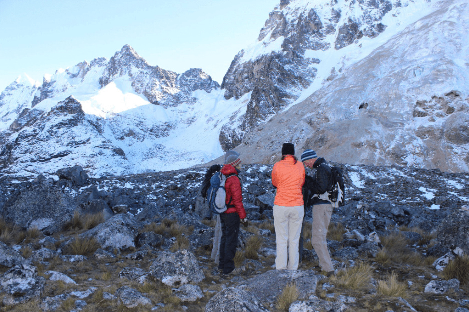 A photo of hikers int he snow at the Salkantay Glacier in Cusco.