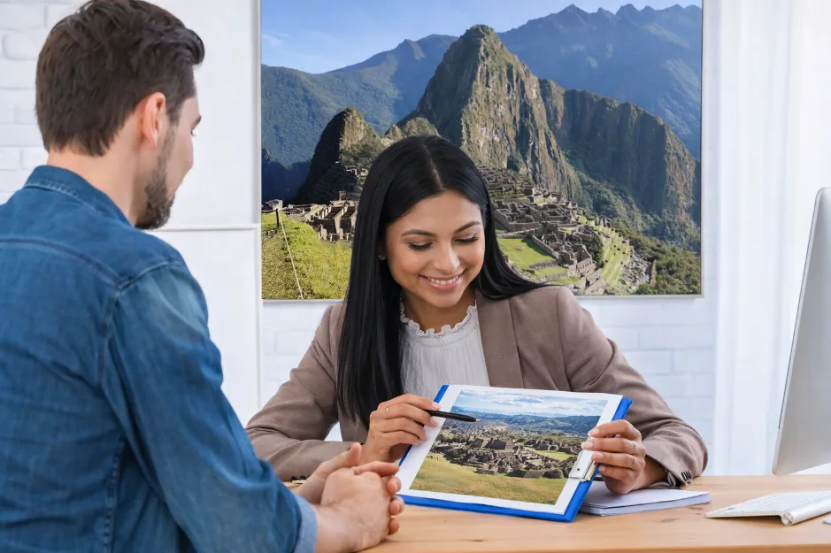 Una foto de un turista eligiendo un tour por Cusco.