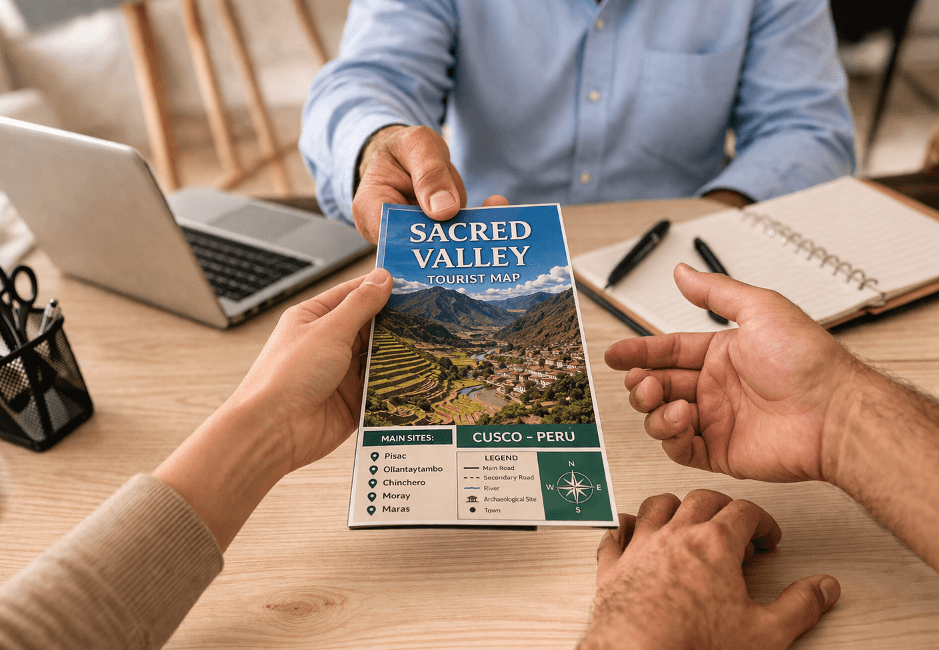 A photo of a travel agent offering a Sacred Valley tour to tourists.